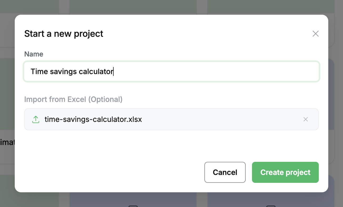 The Start a new project dialog, named Time savings calculator, with time-savings-calculator.xlsx attached