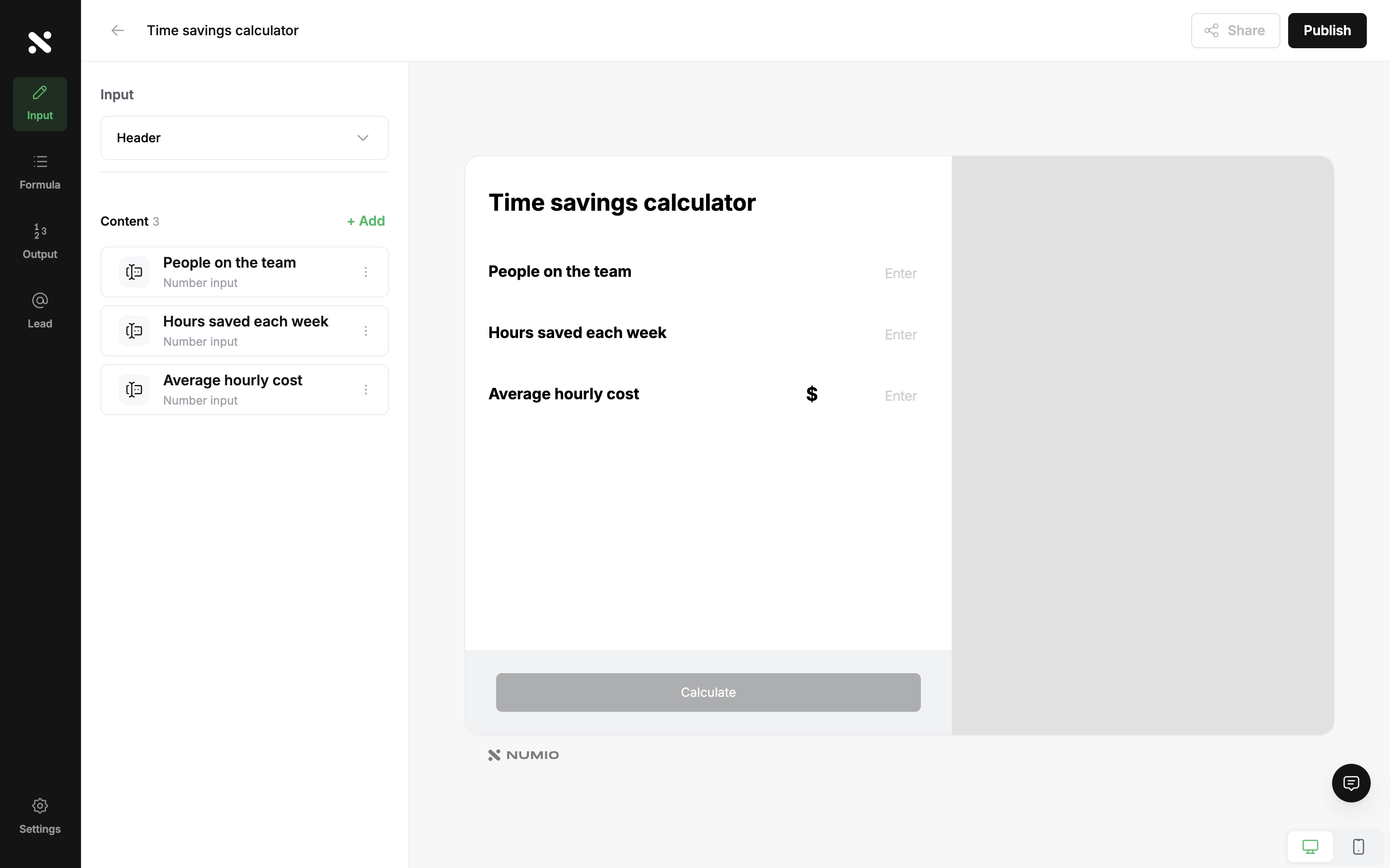 The editor Input tab listing three blocks: People on the team, Hours saved each week and Average hourly cost