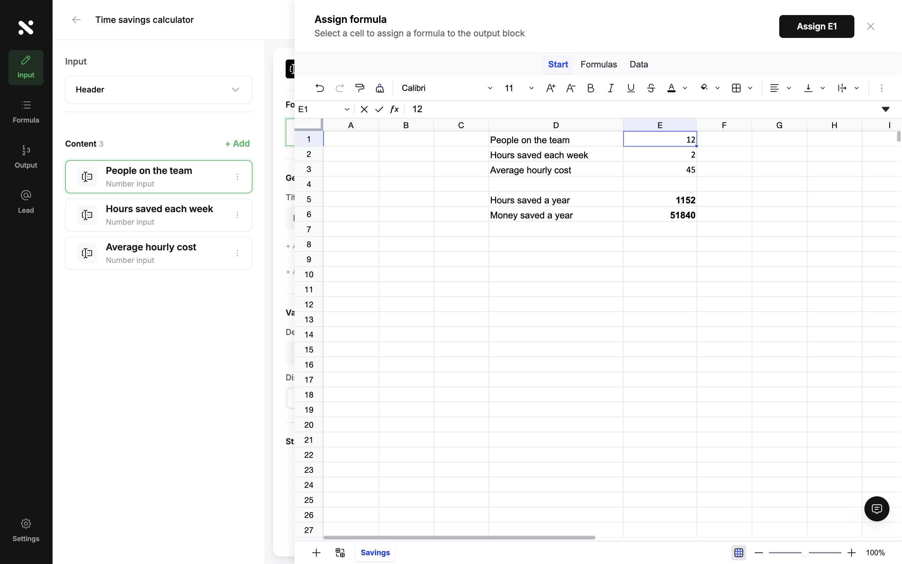 The Assign formula overlay showing the imported sheet with cell E1 selected and an Assign E1 button
