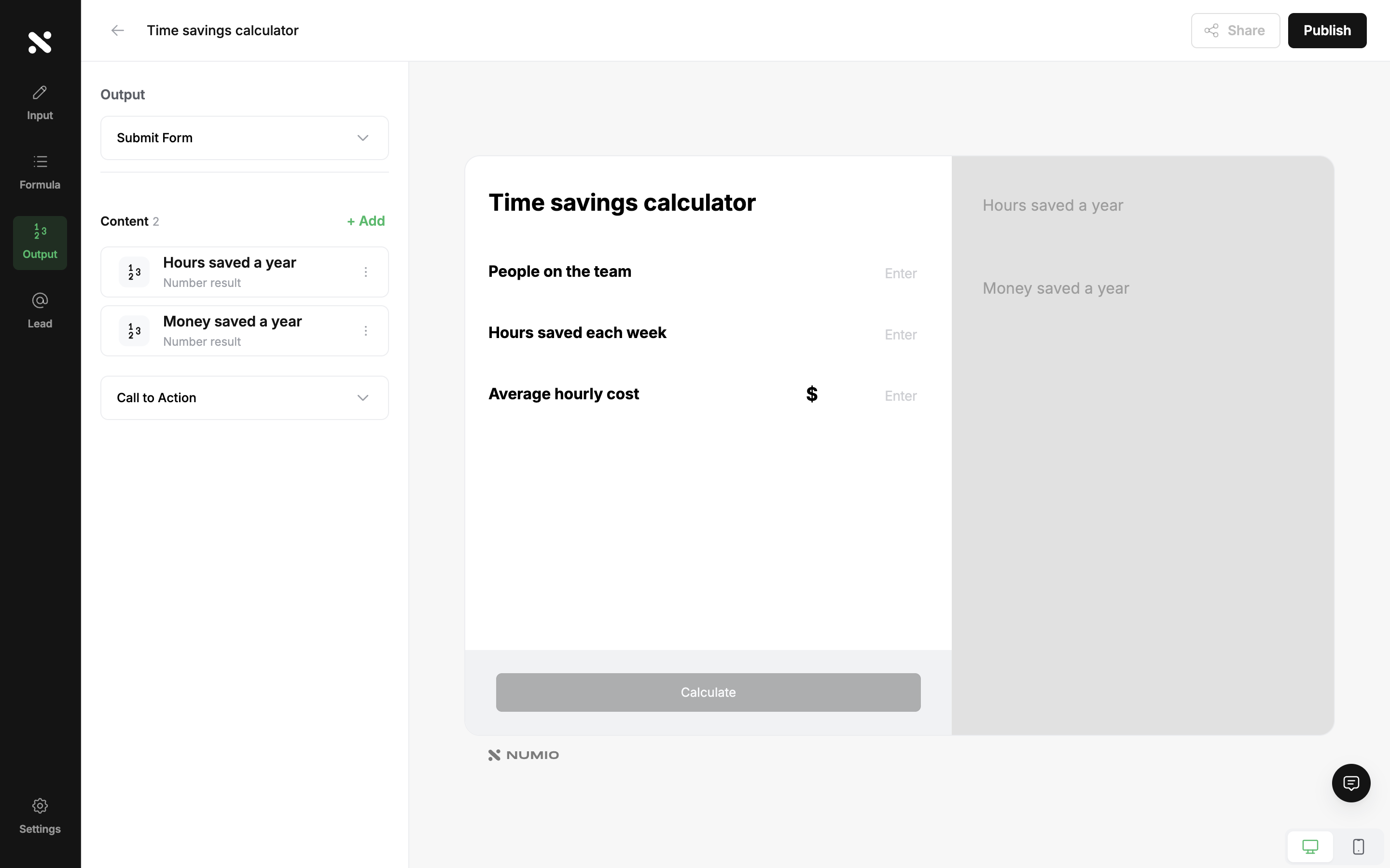 The editor Output tab listing two result blocks: Hours saved a year and Money saved a year