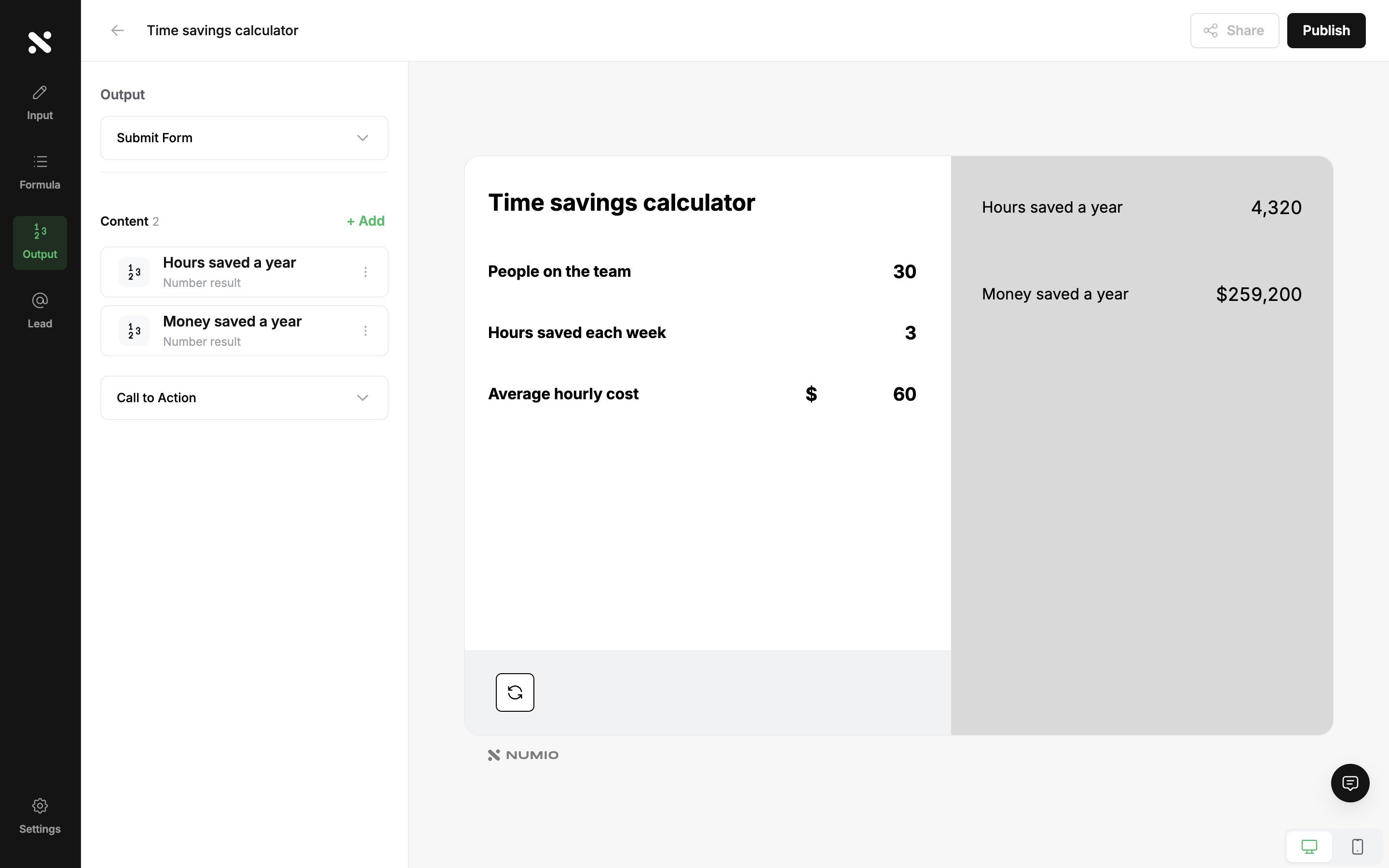 The calculator preview with inputs 30, 3 and 60, showing results of 4,320 hours and $259,200
