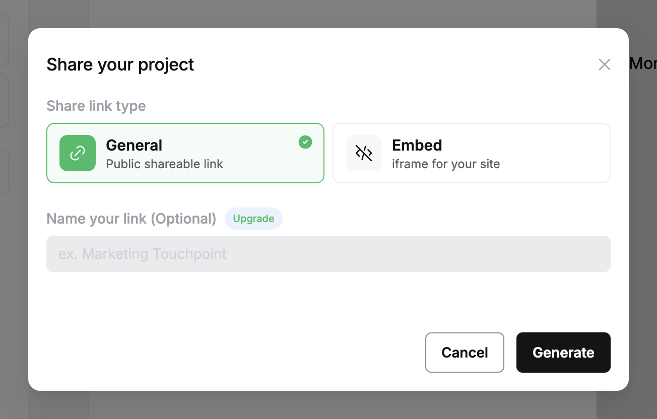 The Share your project dialog offering a general public link or an embed iframe